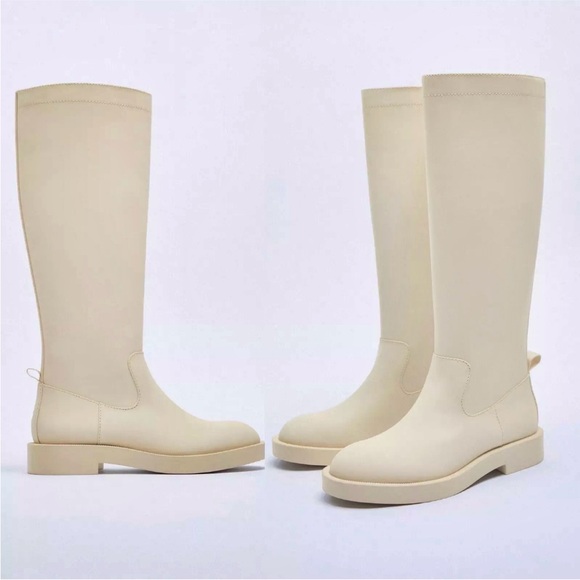 Zara NWT cream nude rubberized knee high round toe low lug sole boots - size 39 - Picture 3 of 9